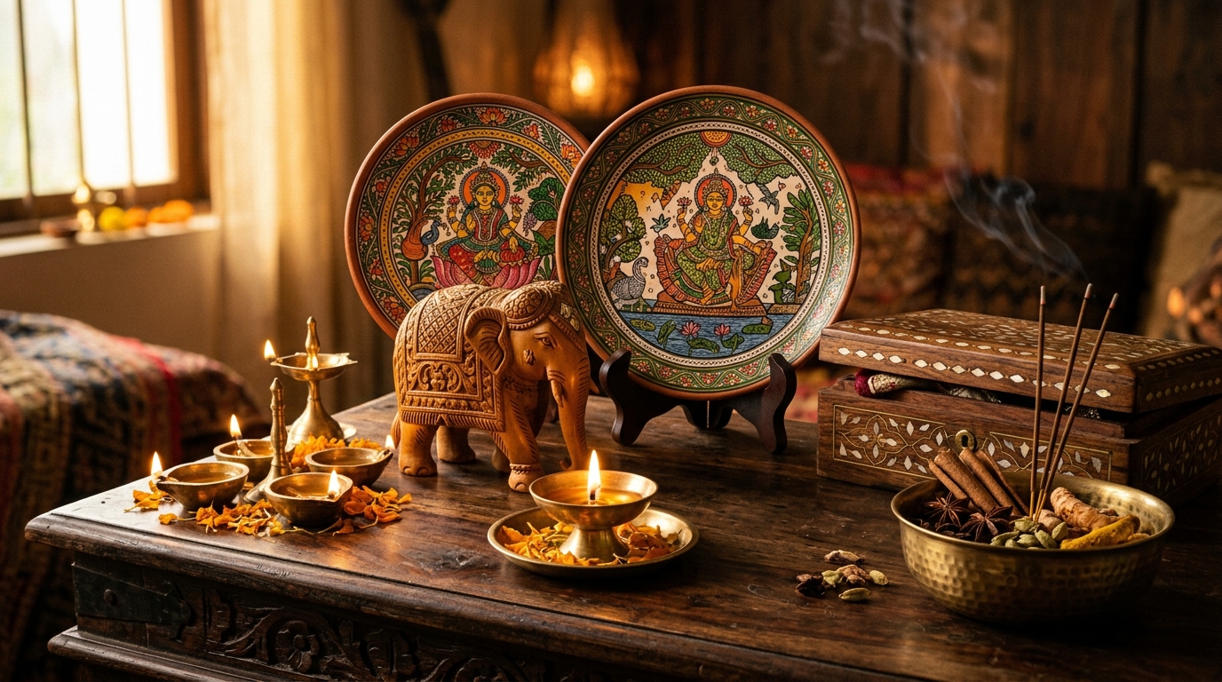 Indian traditional handicrafts, brass diyas, and handpainted artisan plates